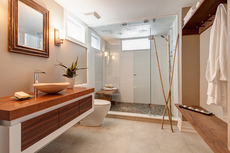 decoration-salle-bain-zen-meuble-vasque-bois-cabine-douche-parois-verre décoration salle de bain zen