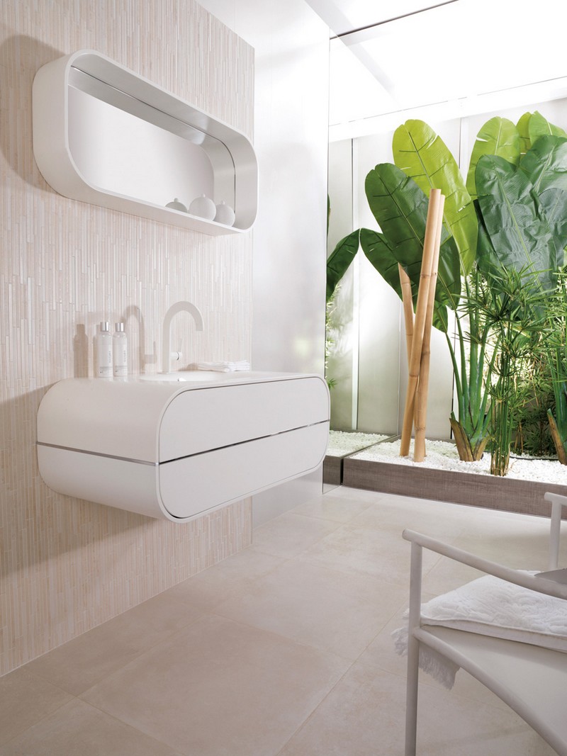 decoration-salle-bain-zen-mosaique-beige-clair-meuble-vasque-blanc-ovale-jardin-interieur décoration salle de bain zen