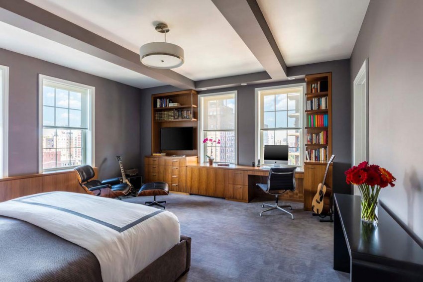 design-intérieur-coloré-chambre-mobilier-bois-marron-moquette-grise