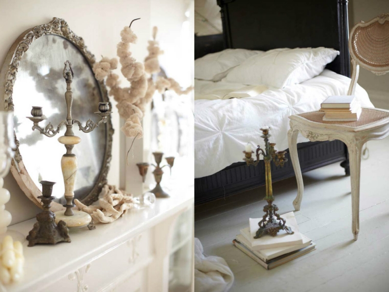 décoration-vintage-blanc-cassé-moroir-ancien-chandelier-assorti