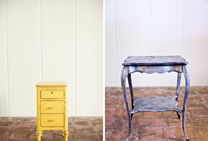 décoration-vintage-mobilier-bois-cérusé-jaune-pastel-bleu-effet-vieilli