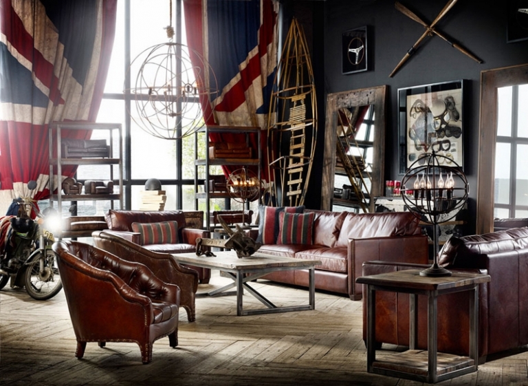 décoration vintage mobilier-cuir-marron-rideaux-motif-drapeau