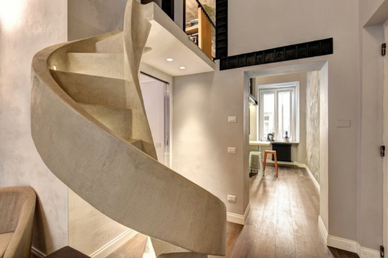enduit-chaux-escalier-colimaçon-béton-loft-moderne-Rome
