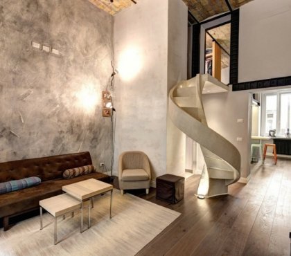 enduit à la chaux moderne décoratif-taupe-salon-style-loft-escalier-colimaçon