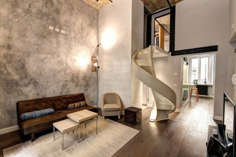 enduit à la chaux moderne décoratif-taupe-salon-style-loft-escalier-colimaçon