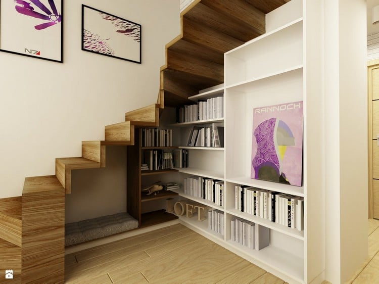 escalier bibliothèque demi-quart-tournant-bois-etageres-blanches-bois