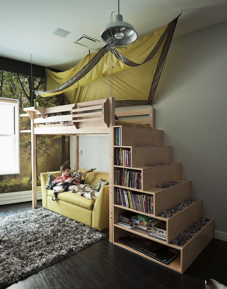 escalier bibliothèque lit-sureleve-escalier-bois-rangement-marches-chambre-enfant