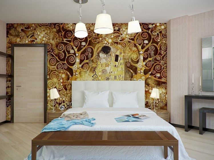 fresque-murale-Klimt-Le-Baiser-jaune-marron-chambre-coucher peinture aquarelle