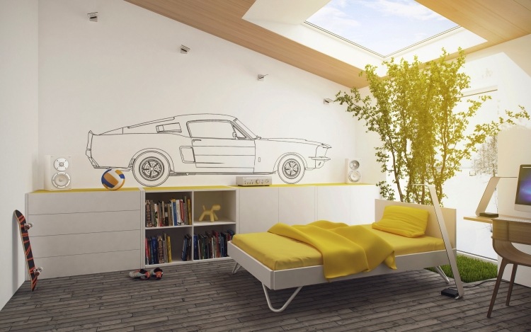 fresque-murale-chambre-ado-blanc-jaune-dessin-voiture-effet-graphique