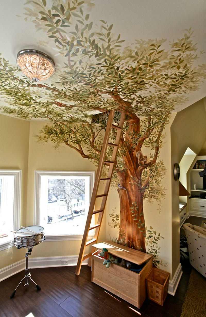 fresque-murale-chambre-enfant-3d-arbre-echelle-bois