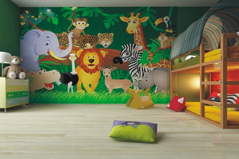 fresque-murale-chambre-enfant-animaux-jungle-lit-superpose