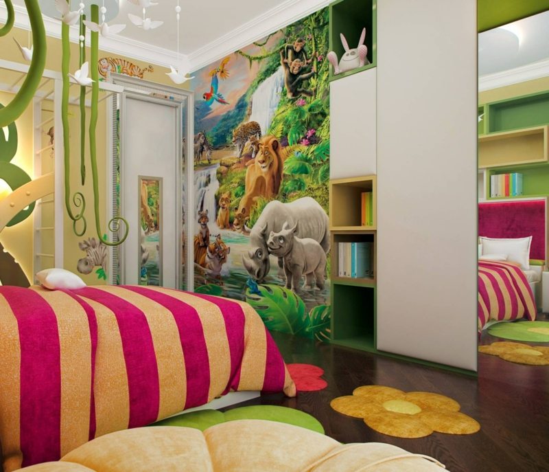 fresque-murale-chambre-enfant-animaux-lions-rhinoceros-tigres-riviere