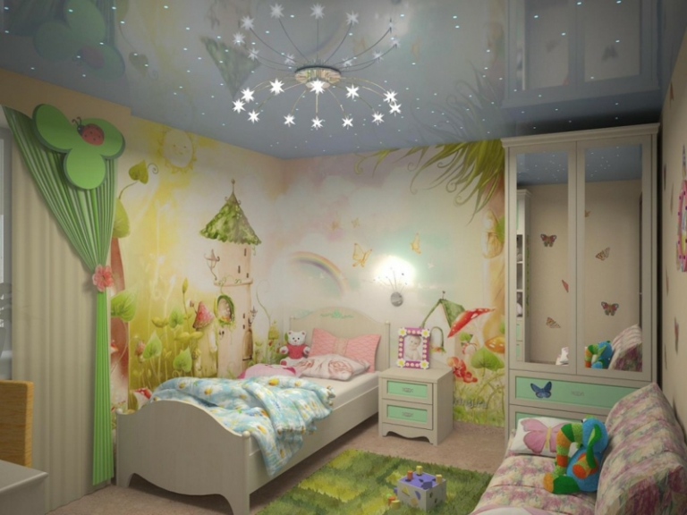 fresque-murale-chambre-enfant-fille-tour-champignons-couleurs-romantiques fresque murale