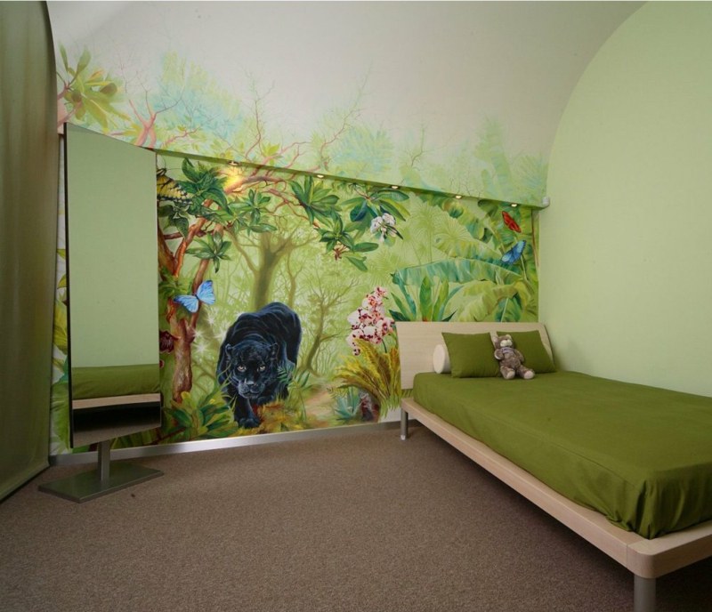 fresque-murale-chambre-enfant-garcon-dessin-puma-noir-jungle fresque murale