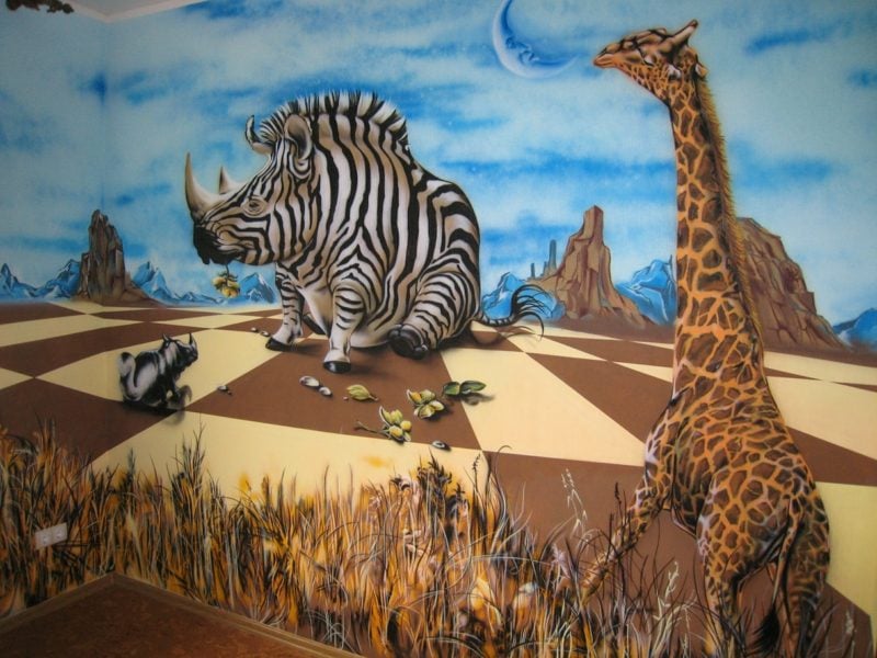 fresque-murale-chambre-enfant-theme-afrique-animaux-girafe-rhinoceros-zebre fresque murale