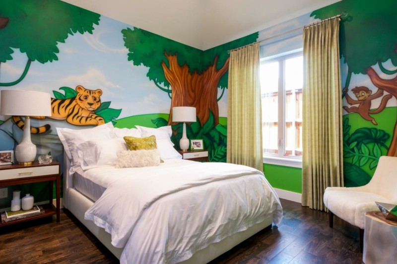 fresque-murale-chambre-enfant-tigre-arbres-singe-grand-lit fresque murale