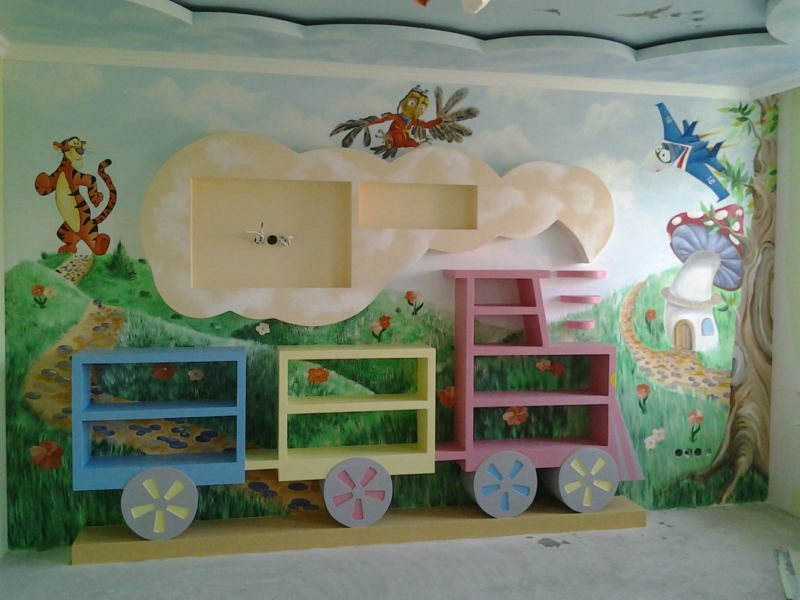 fresque-murale-chambre-enfant-tigre-collines-etageres-lokomotive fresque murale