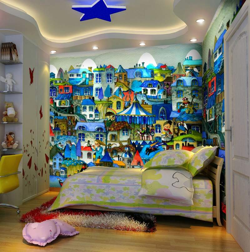 fresque-murale-chambre-enfant-ville-maisons-bleues-chambre-petite-fille