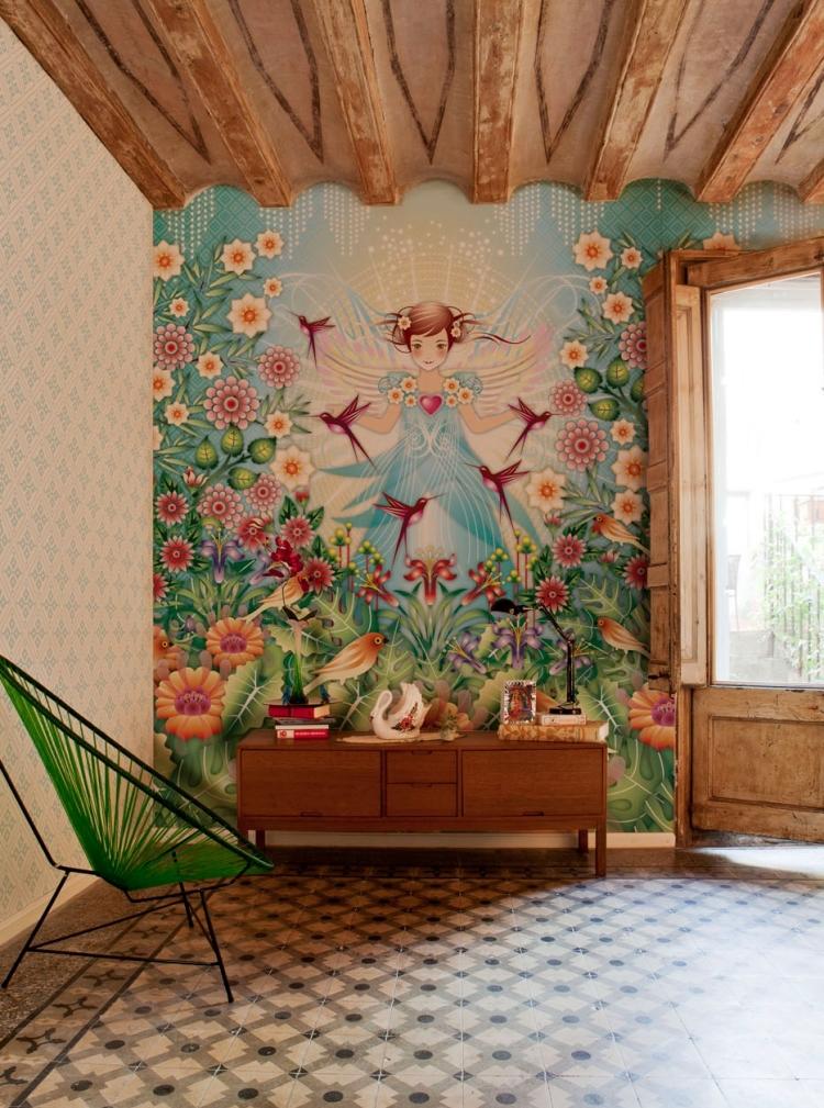fresque-murale-chambre-fille-fresque-fille-oiseaux-fleurs-vintage peinture aquarelle