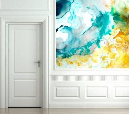 fresque-murale-design-aquarelle-jaune-turquoise