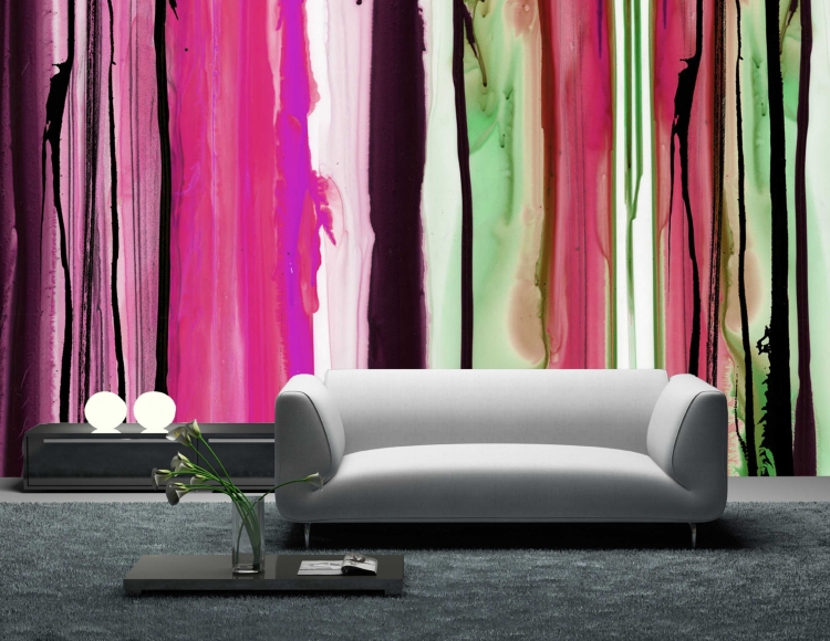 fresque-murale-design-aquarelle-rayures-verticales-rose-vert-lilas peinture aquarelle