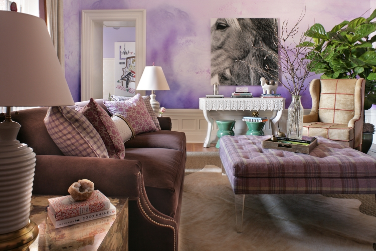 fresque-murale-design-motifs-3d-rose-clair-lilas-salon-canape-pourpre peinture aquarelle