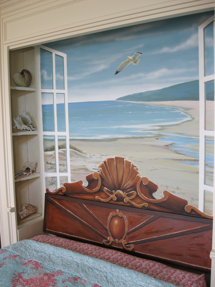 fresque-murale-paysage-bord-mer-mouette-chambre-coucher peinture aquarelle