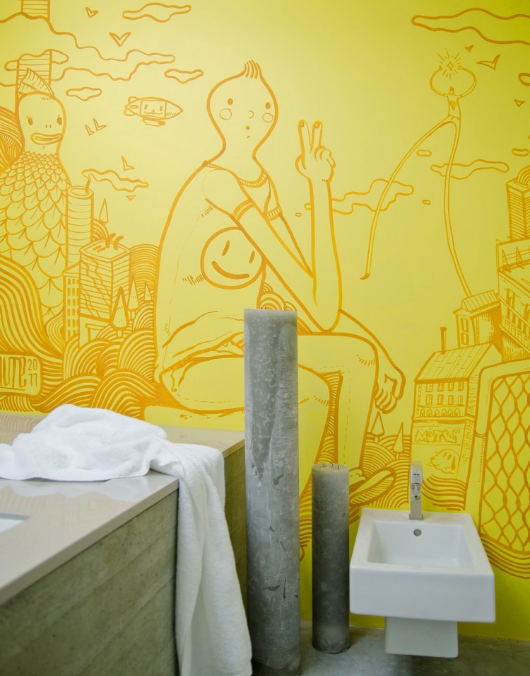 fresque-murale-personnages-jaune-peinture-salle-bains-jaune