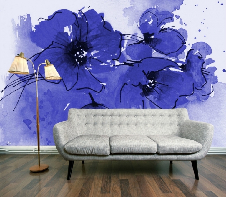 grand-poster-mural-coquelicots-indigo-peinture-aquarelle-canapé-gris