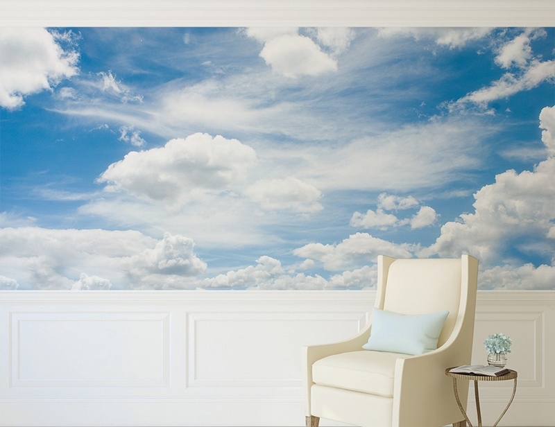 grand poster mural mi-hauteur ciel nuages moulures-blanches-Demural