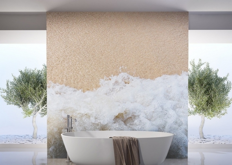 grand poster mural salle bain-plage-vague-brise-Demural