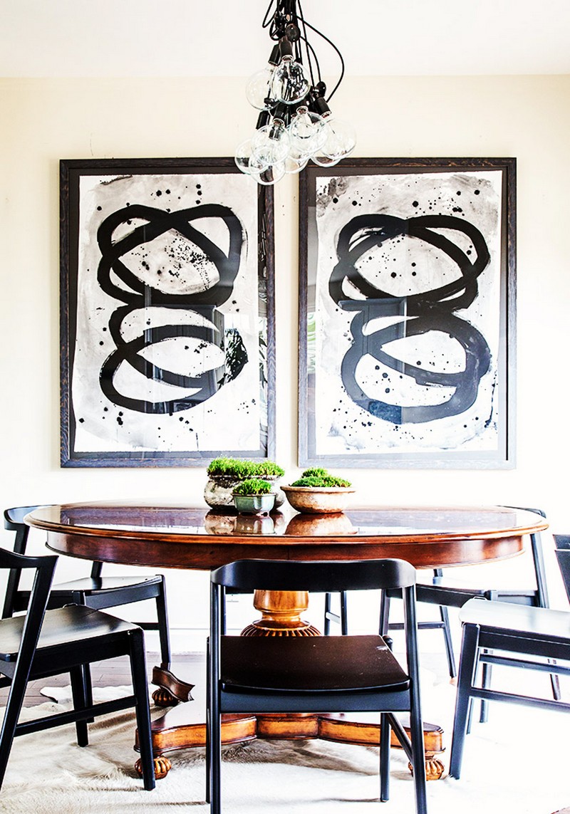 idee-deco-salle-manger-tableaux-abstraits-noir-blanc idée déco salle à manger