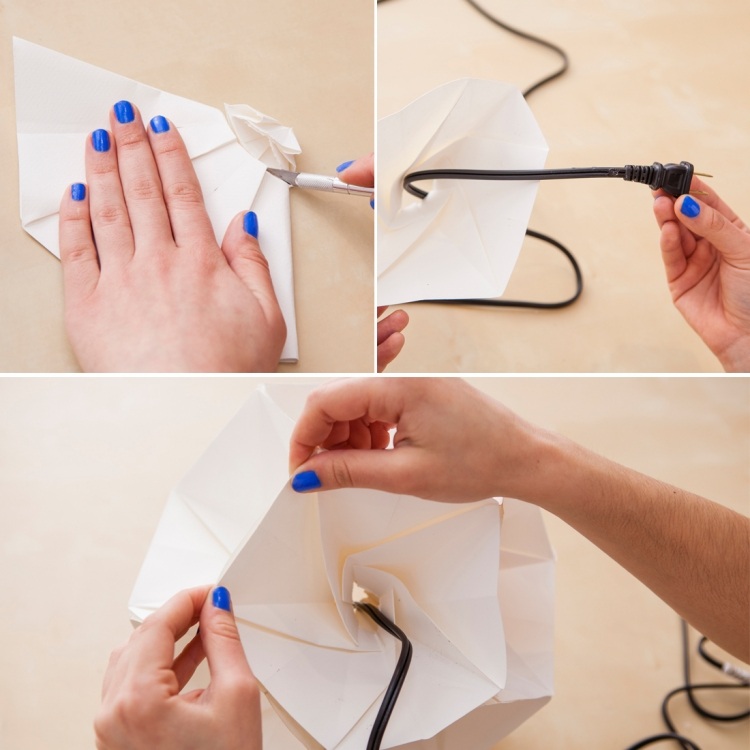 lampe-papier-origami-artisanale-insertion-ampoule-détail