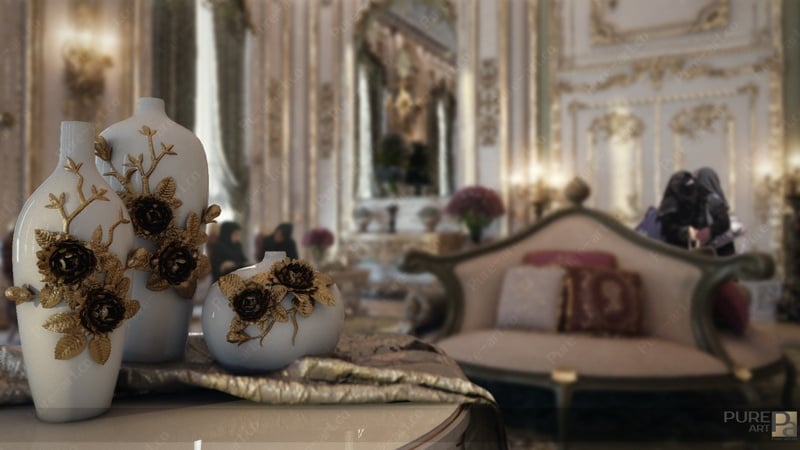 mobilier-baroque-beige-vases-blanc-fleurs-dorées