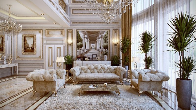 mobilier-baroque-capitonné-velours-blanc-tapis-shaggy-assorti
