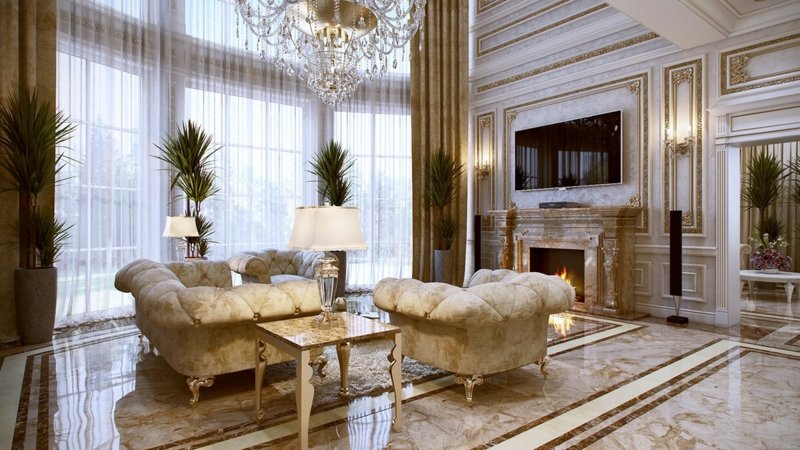 mobilier-baroque-cuir-blanc-console-bois-blanc-lustre-cristal