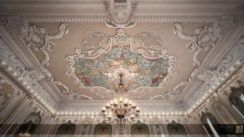 mobilier baroque plafond-dessins-multicolroes-fresques-blanc
