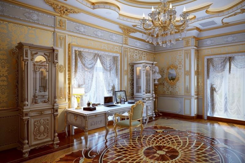 mobilier-baroque-secrétaire-bois-blanc-chaise-nois-doré-parquet-bois-massif
