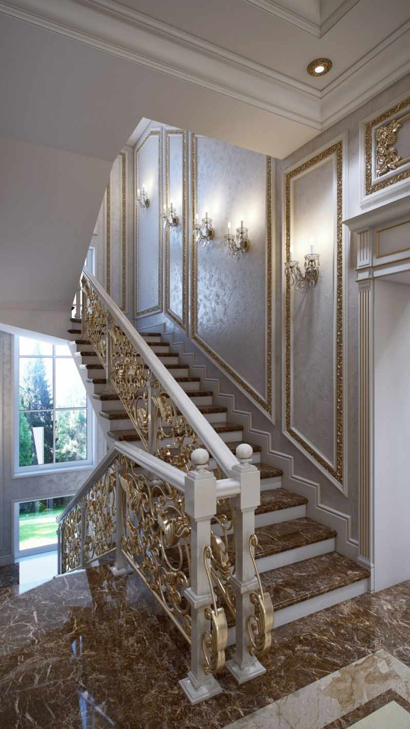 mobilier-baroque-sol-marbre-marron-escalier-fer-forgé-bronze-doré