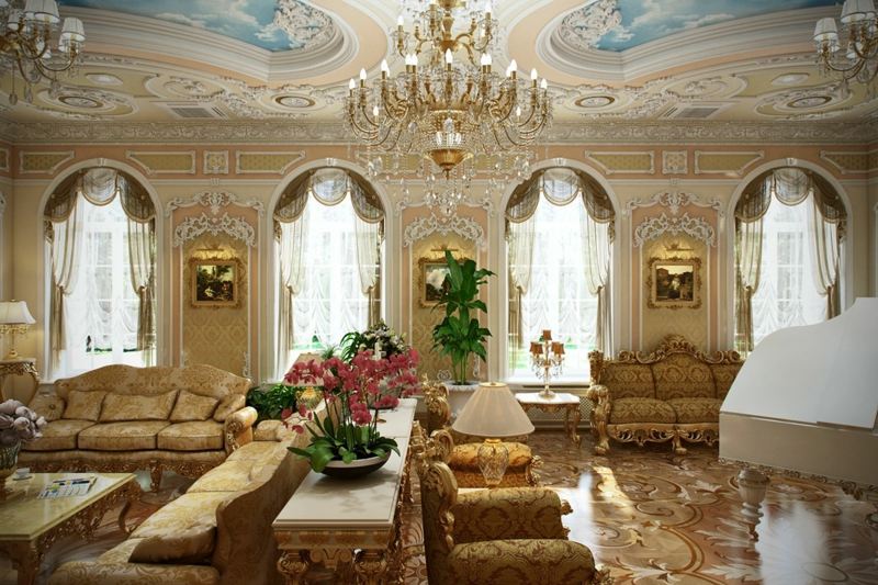 mobilier-baroque-tapissé-tissu-doré-parquet-incrustations