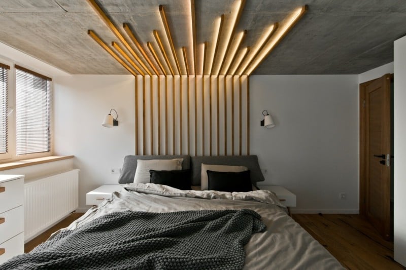 mobilier-scandinave-chambre-adulte-déco-mur-plafond-bois-lumières