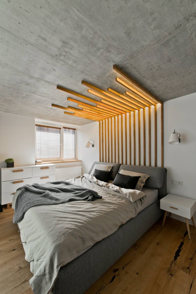 mobilier scandinave chambre à coucher tête-lit-mur-plafond-design