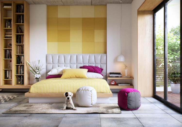 panneaux-muraux-design-jaune-dégradé-lit-blanc