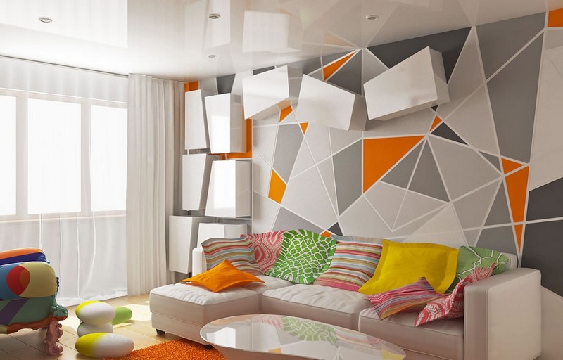 papier-peint-geometrique-triangles-gris-orange-canape-angle papier peint géométrique