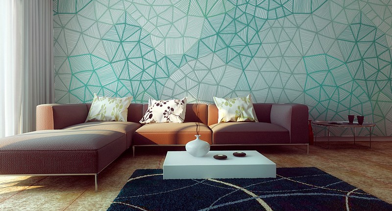 papier-peint-geometrique-triangles-nuances-vert-salon-canape-marron papier peint géométrique