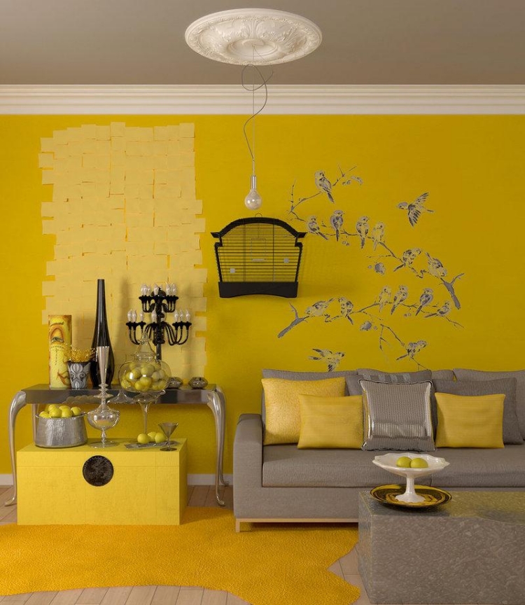 peinture-murale-jaune-dessins-oiseaux-gris-salon-canape-gris