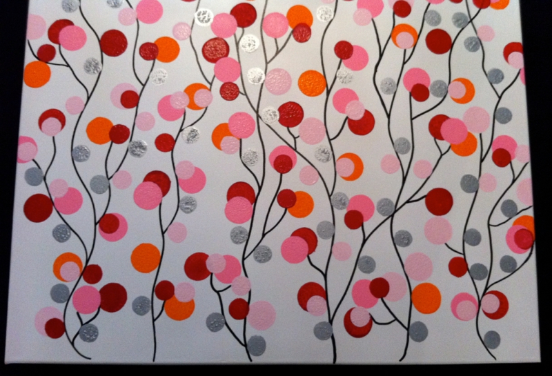 peinture sur toile abstraite-motif-arbres-colorés-gris-rouge-rose-orange
