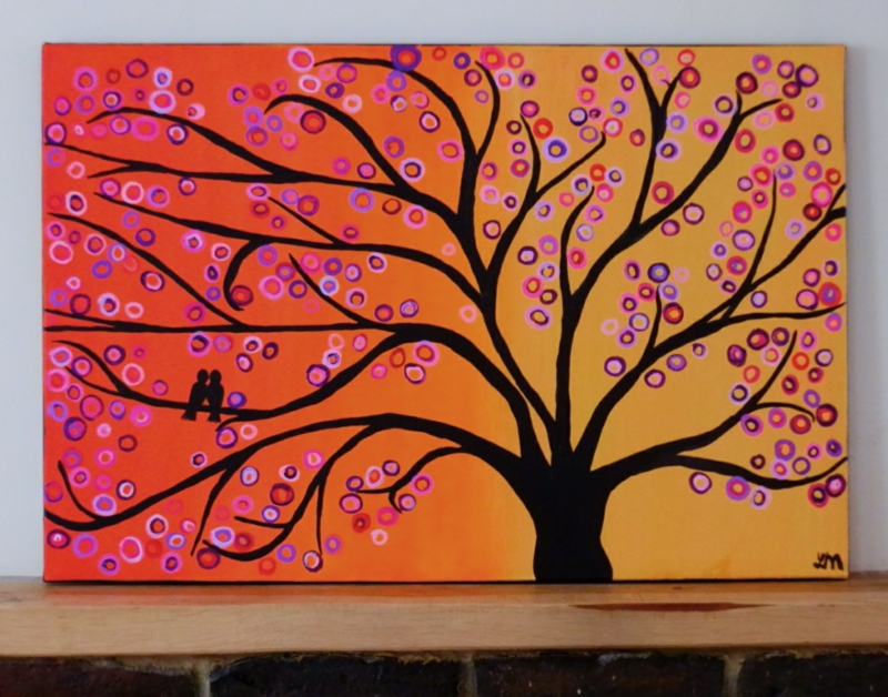 peinture-toile-multicolore-motif-arbre-coloré-rose-violet-marron