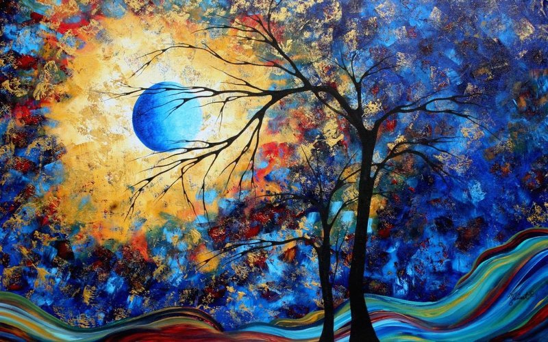 peinture-toile-multicolore-motif-arbre-lune-dans-tons-foncés