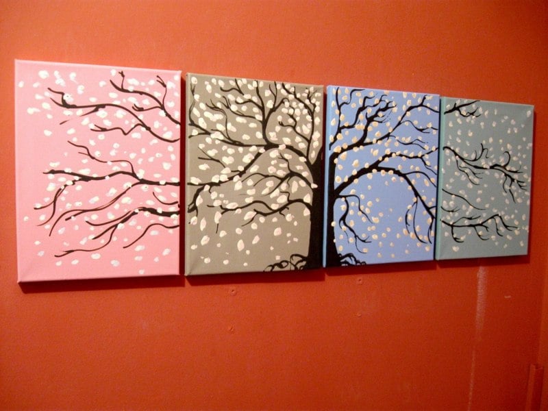 peinture-toile-multicolore-quatres-pièces-motif-arbre-enneigé
